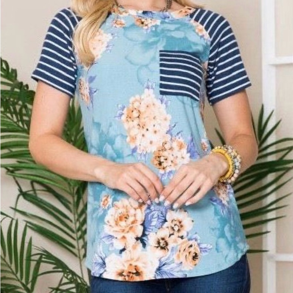 Floral & Stripe Pocket Raglan Tee - Blue